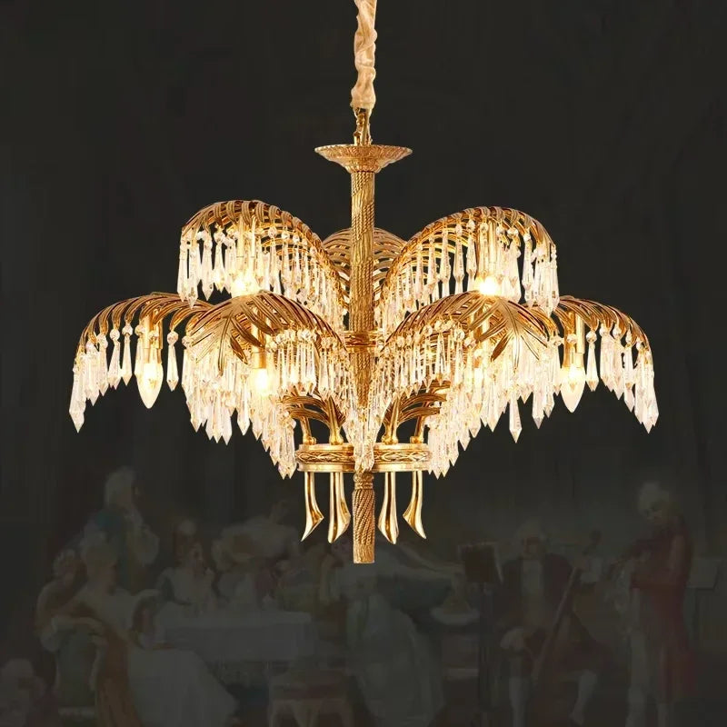lustre vintage doré feuille palmier cristaux transparents pendentif grande salle
