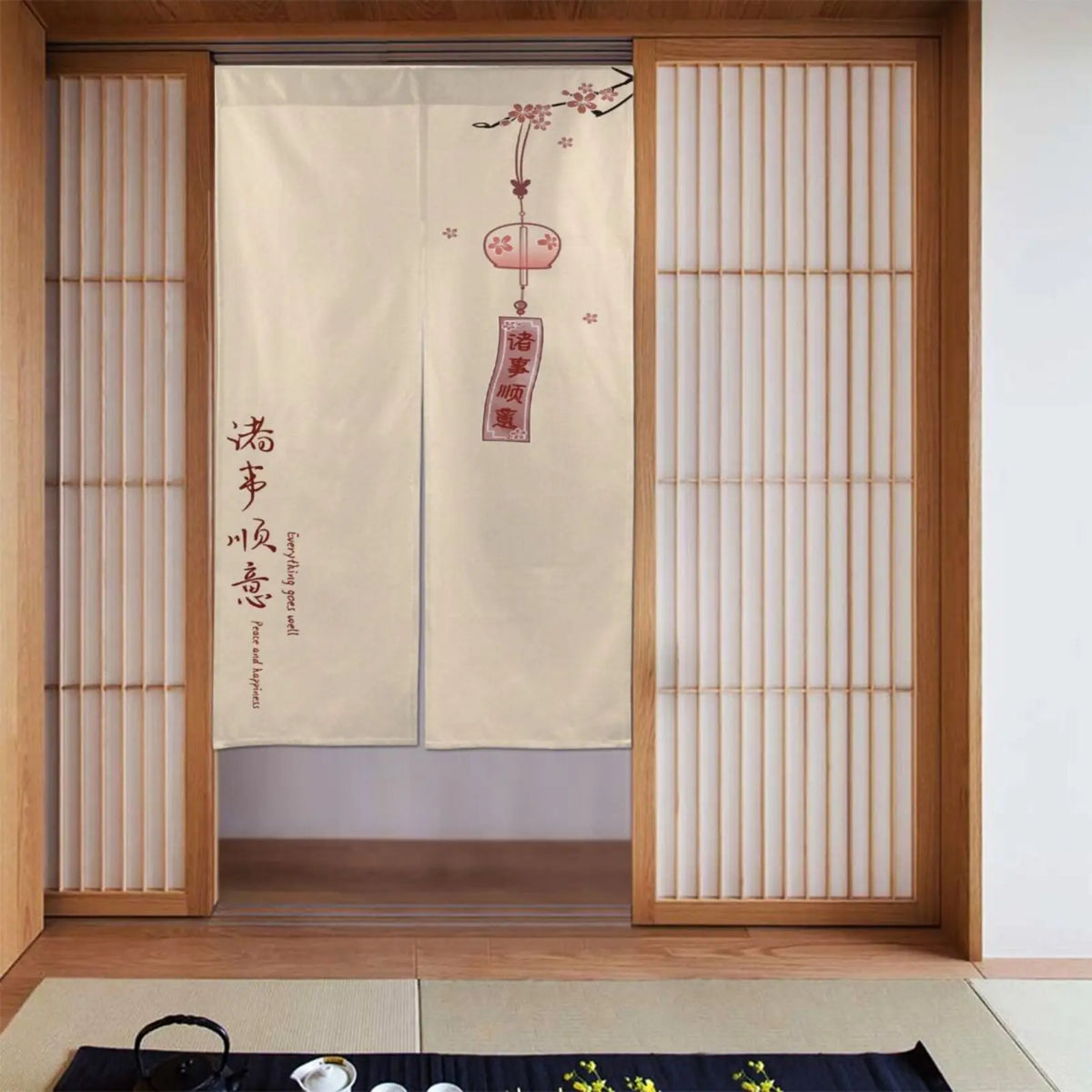 rideau porte japonais motif fleurs cerisier opacité traditionnel beige clair intérieur maison