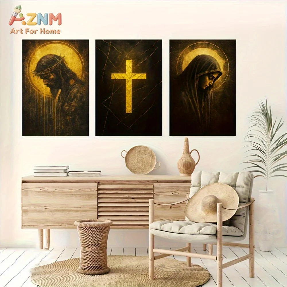 tableau religieux jésus vierge marie croix dorée noir classique toile murale