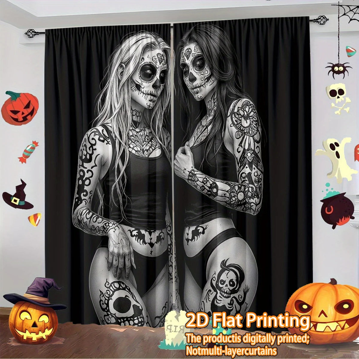 rideau noir illustration tatouage personnages gothique opacité art contemporain deux panneaux polyester