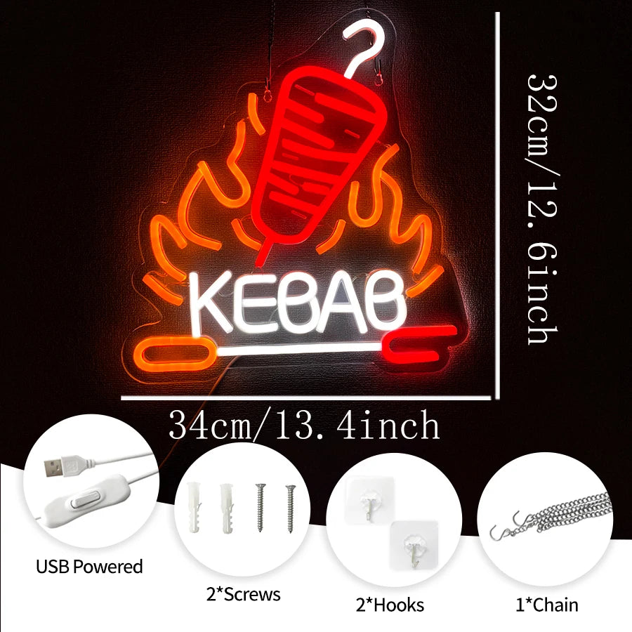 néon lumineux barbecue steak fourchette couteau flamme porc kebab rouge blanc moderne fixations murales