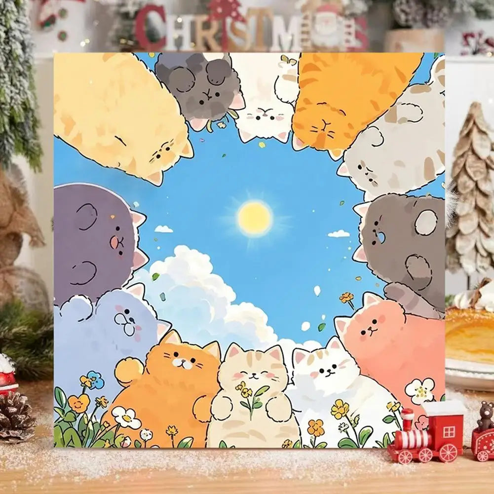 tableau illustration cartoon chats mignons couleur bleu blanc décoration murale enfants chambre enfant animé