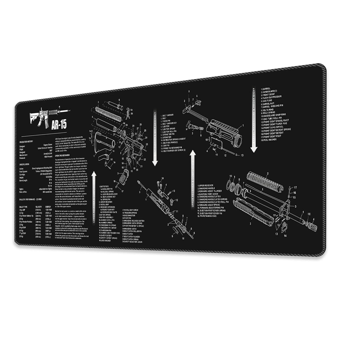 tapis souris noir grand schéma technique arme feu ar15 pièces détachées