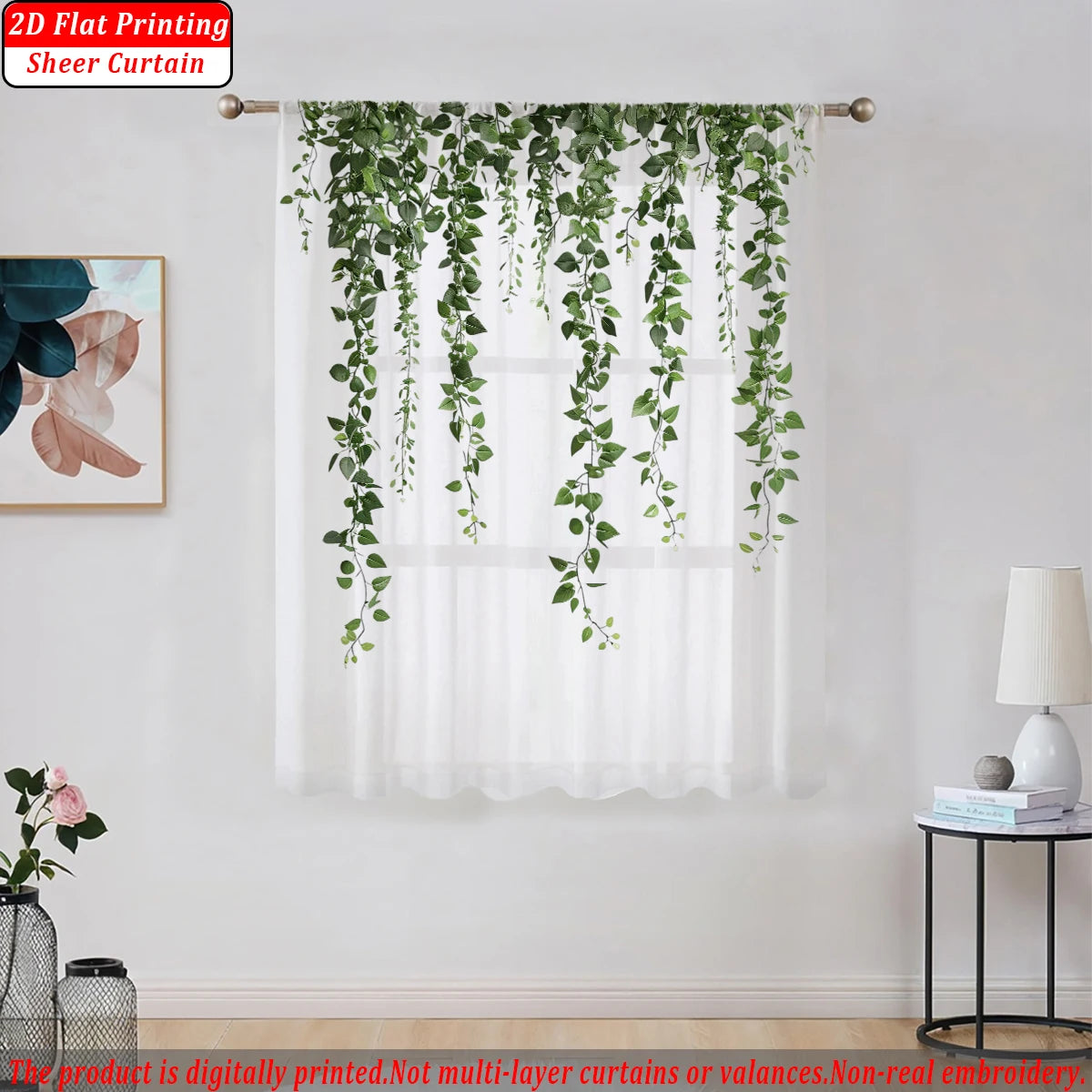 rideau fin imprimé lierre vert transparent bohème salon chambre maison tringle métallique