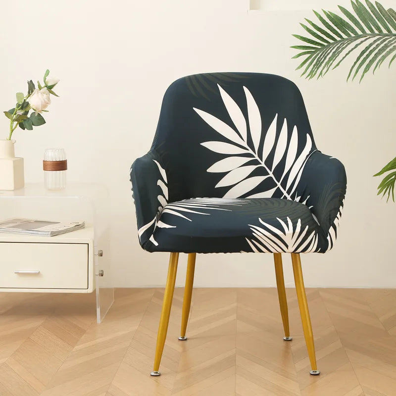 housse chaise moderne adhésive feuilles tropicales noir blanc gris bleu doré elasthanne polyester Jacquard