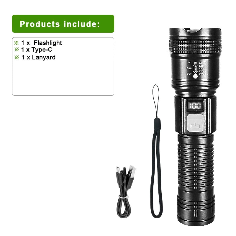 lampe torche led rechargeable usb zoom intense résistance chocs banque alimentation affichage oled noir
