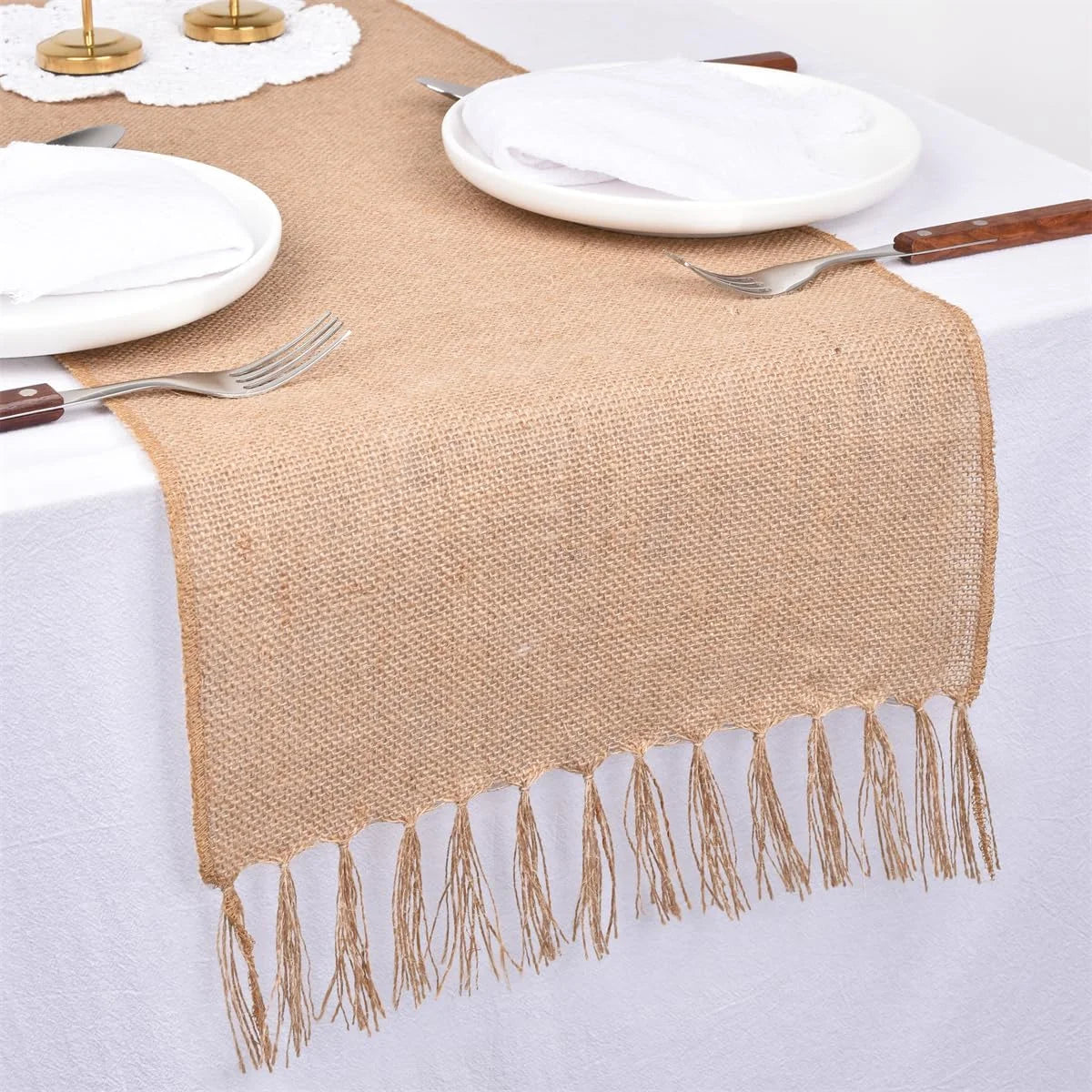 chemin table toile jute beige rustique serviettes décoration salle manger