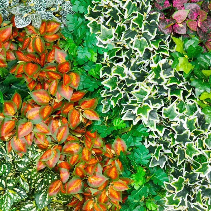 plantes artificielles vertes feuilles variées moderne decoration intérieure extérieure herbe décorative marron rouge blanc