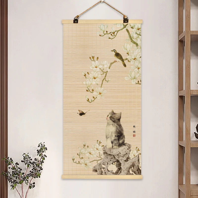 rideau rouleau bambou art traditionnel oriental fleurs oiseaux motifs crochets métalliques opaques entrée maison