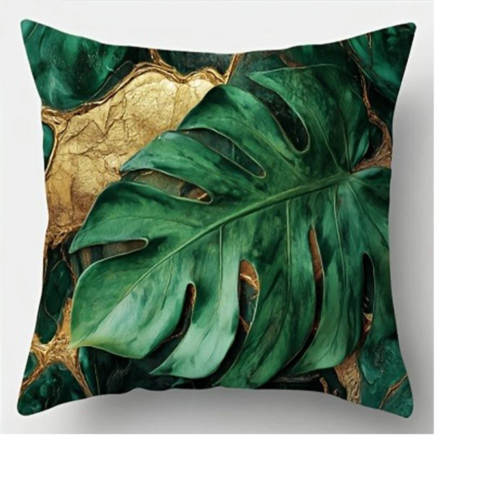 taies d'oreiller jacquard feuilles tropicales vert doré moderne 45x45cm lit maison decoration chambre comfort