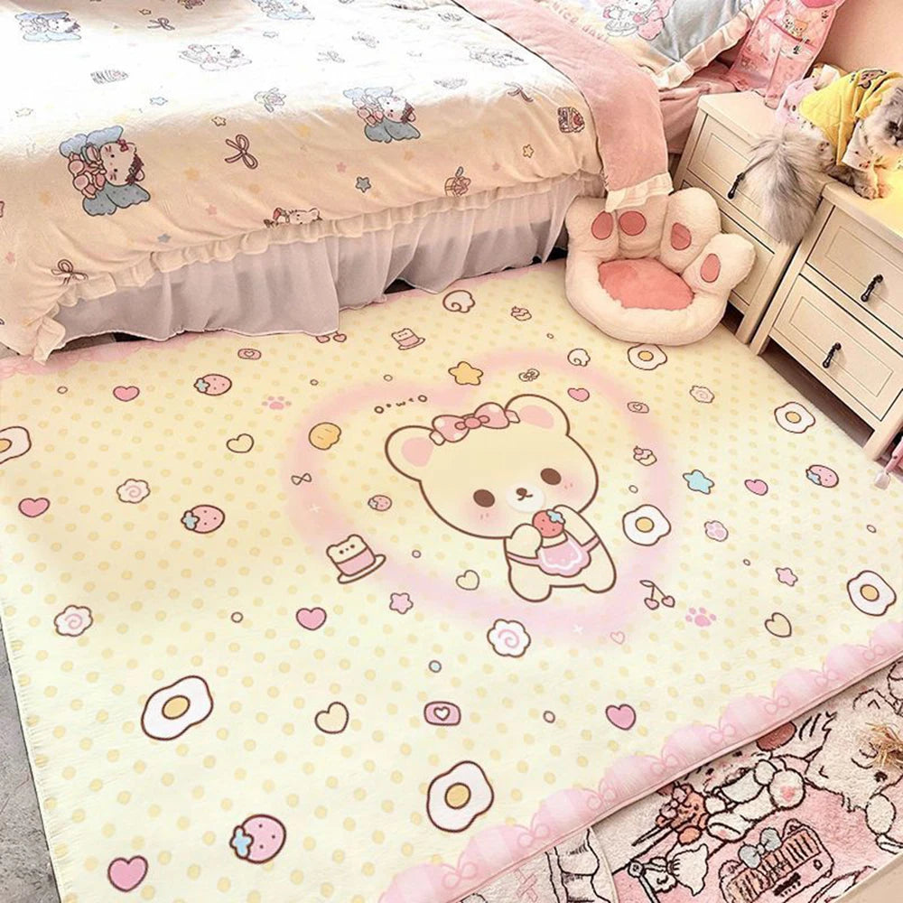 tapis moelleux imprimé personnages mignons coeurs fleurs beige rose clair antidérapant salon chambre couloir
