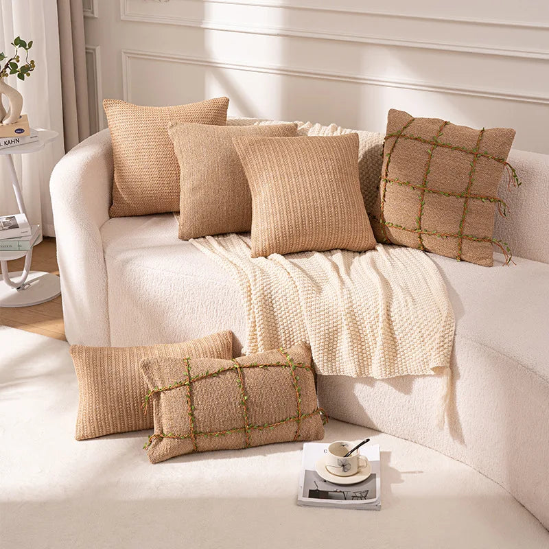 housse coussin tissée jute motif quadrillé vert rustique décor feuilles