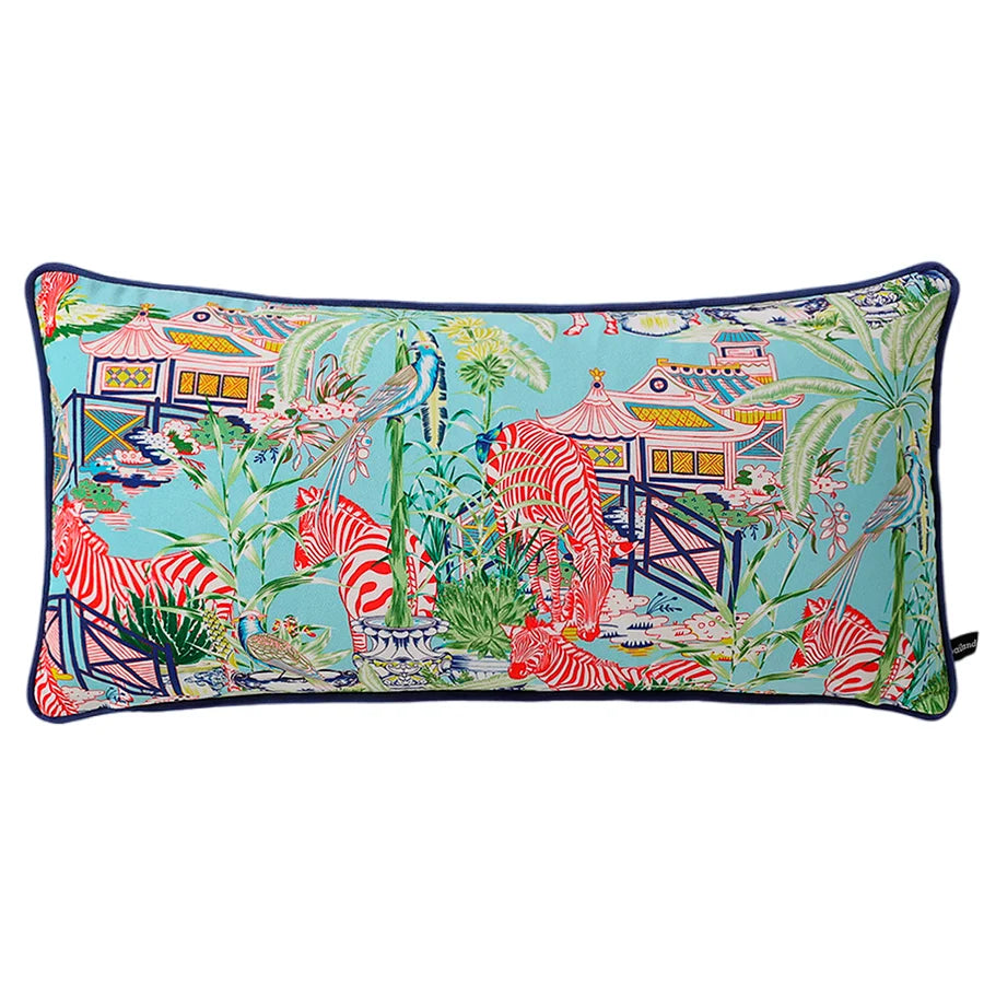 housse coussin scénique imprimé motif oriental cavaliers pagodes animaux moderne bleu rouge vert noir