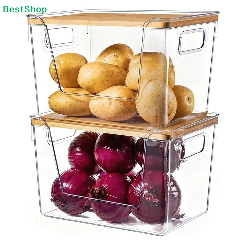 organiseurs garde manger empilables boîtes rangement transparentes plateaux bois pommes terre oignons tomates huile
