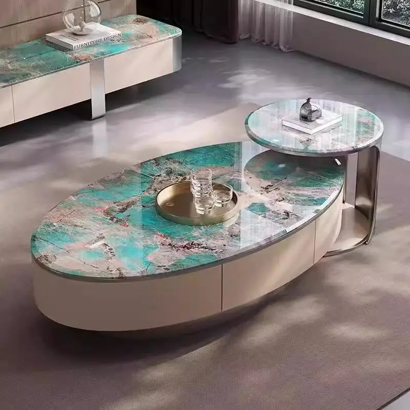 table basse moderne marbre ovale bois pieds métalliques tiroir plateau amovible salon