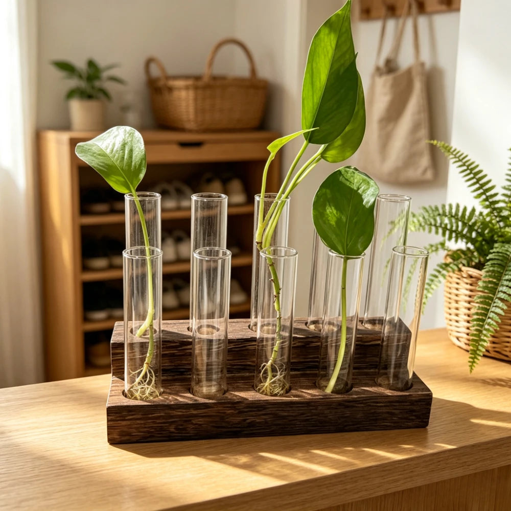 vase moderne transparent support bois minimaliste décoration table maison