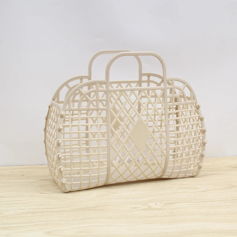panier maille moderne noir rose clair bébé rangement réutilisable respectueux environnement minimaliste poignéescrição basée