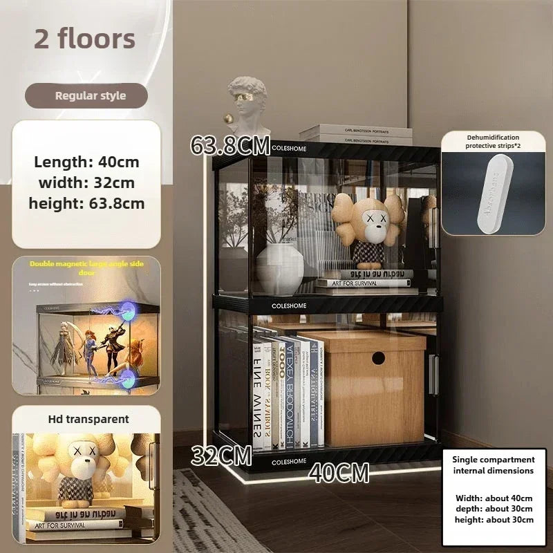 étagère moderne noire verre transparent rangement livres statues vases étages lumière optionnelle