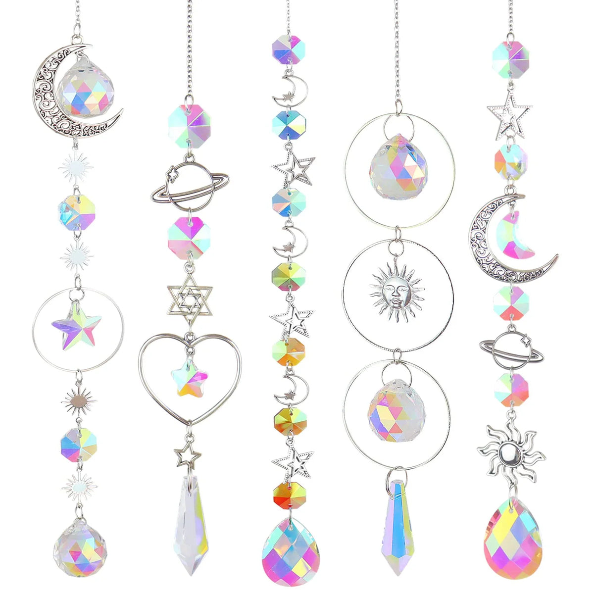 guirlande décorative cristaux célestes soleil lune étoile arc ciel chaîne métallique boho