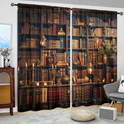 Rideau imprimé bibliothèque médiévale 2 pièces filtrant la lumière dans un salon