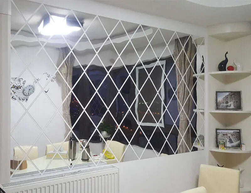 miroir blanc carreaux géométriques moderne adhésif mural sans cadre
