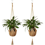 panier suspendu boho chic tissé motifs floraux jaune clair crochets métalliques deux cordons suspension