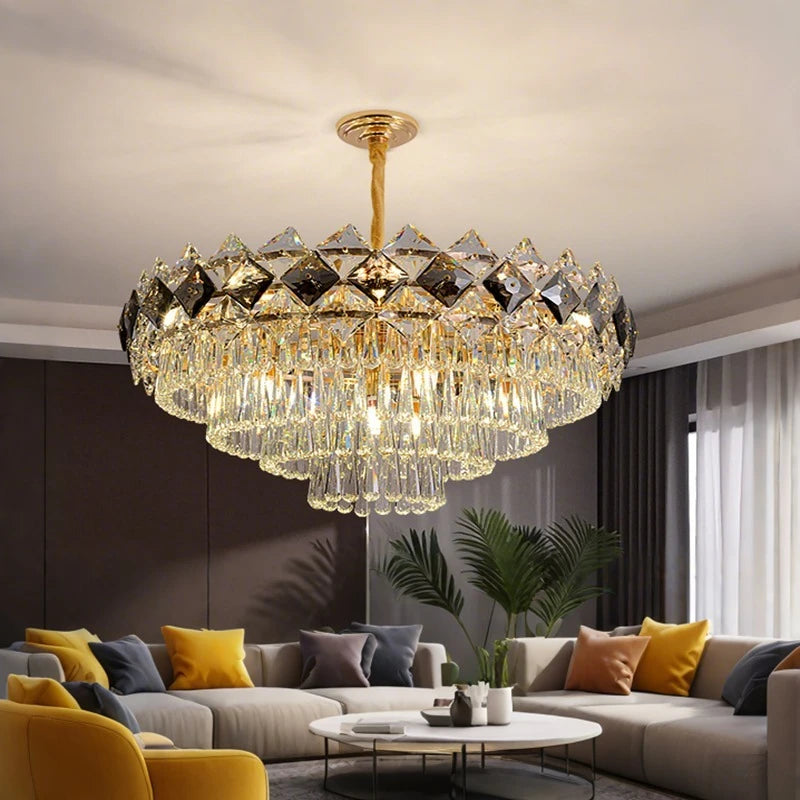 lustre cristal géométrique doré moderne élégant salon lumière chaîne vitrail haute qualité