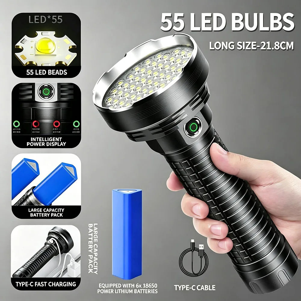 lampe torche rechargeable led noire robuste camping outdoor 55led 50w