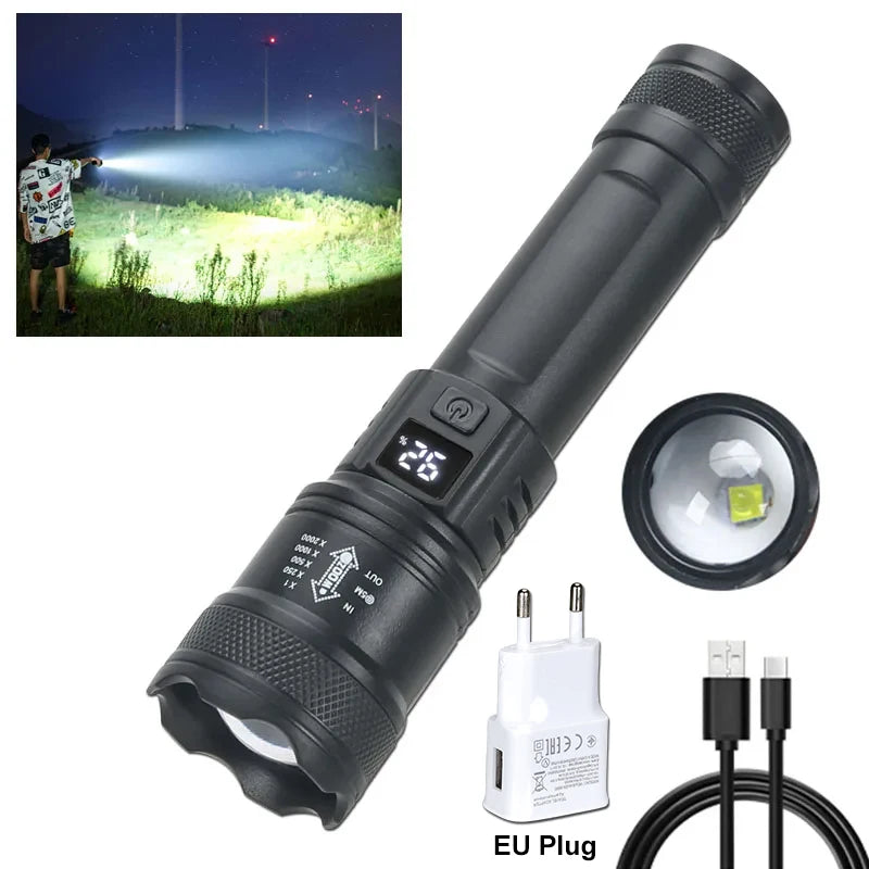 lampe torche noire led puissante rechargeable urgence camping 1000lm moderne résistante chocs