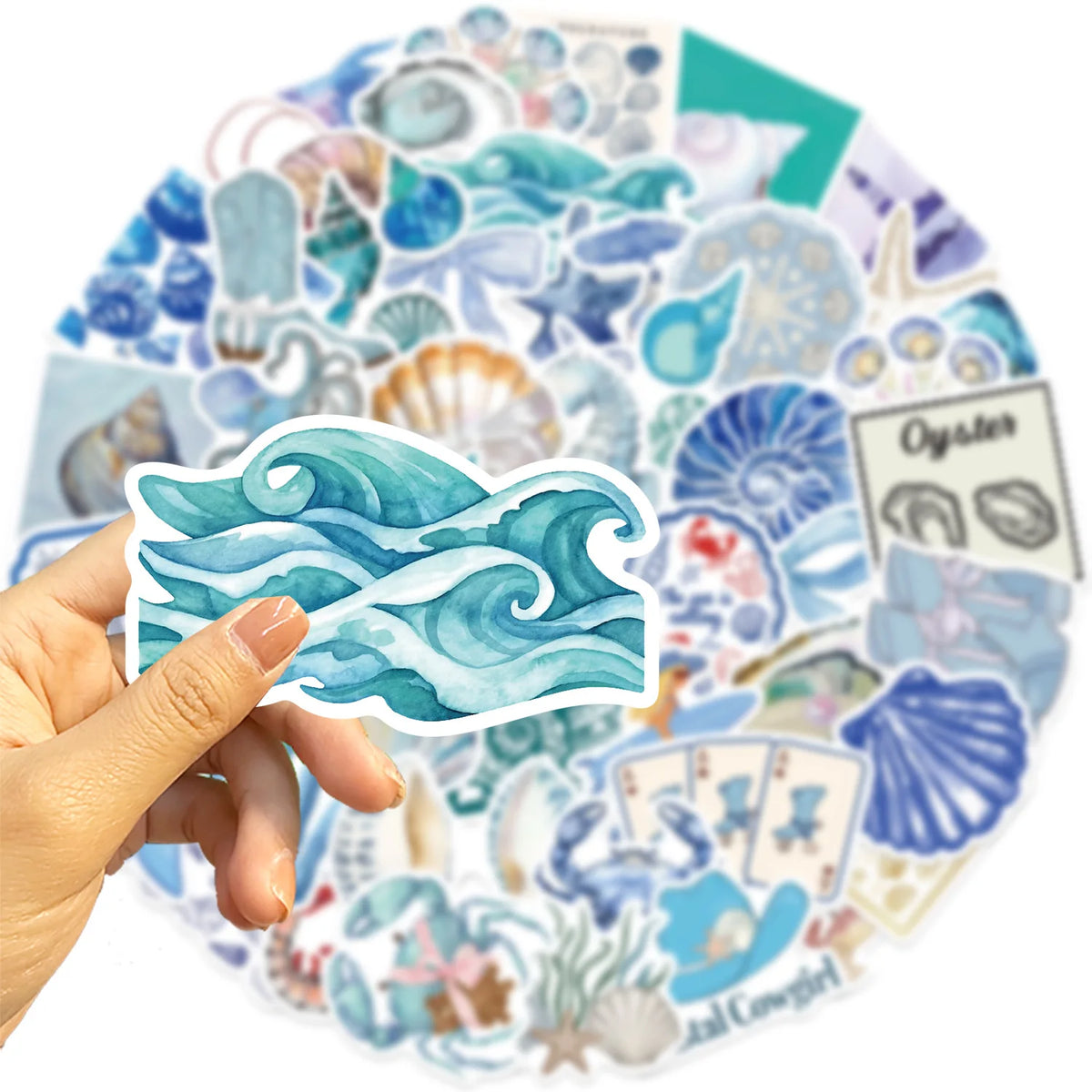 sticker thème marin coquillage corail hippocampe crabe bleu blanc gris vert adhésif illustré pack
