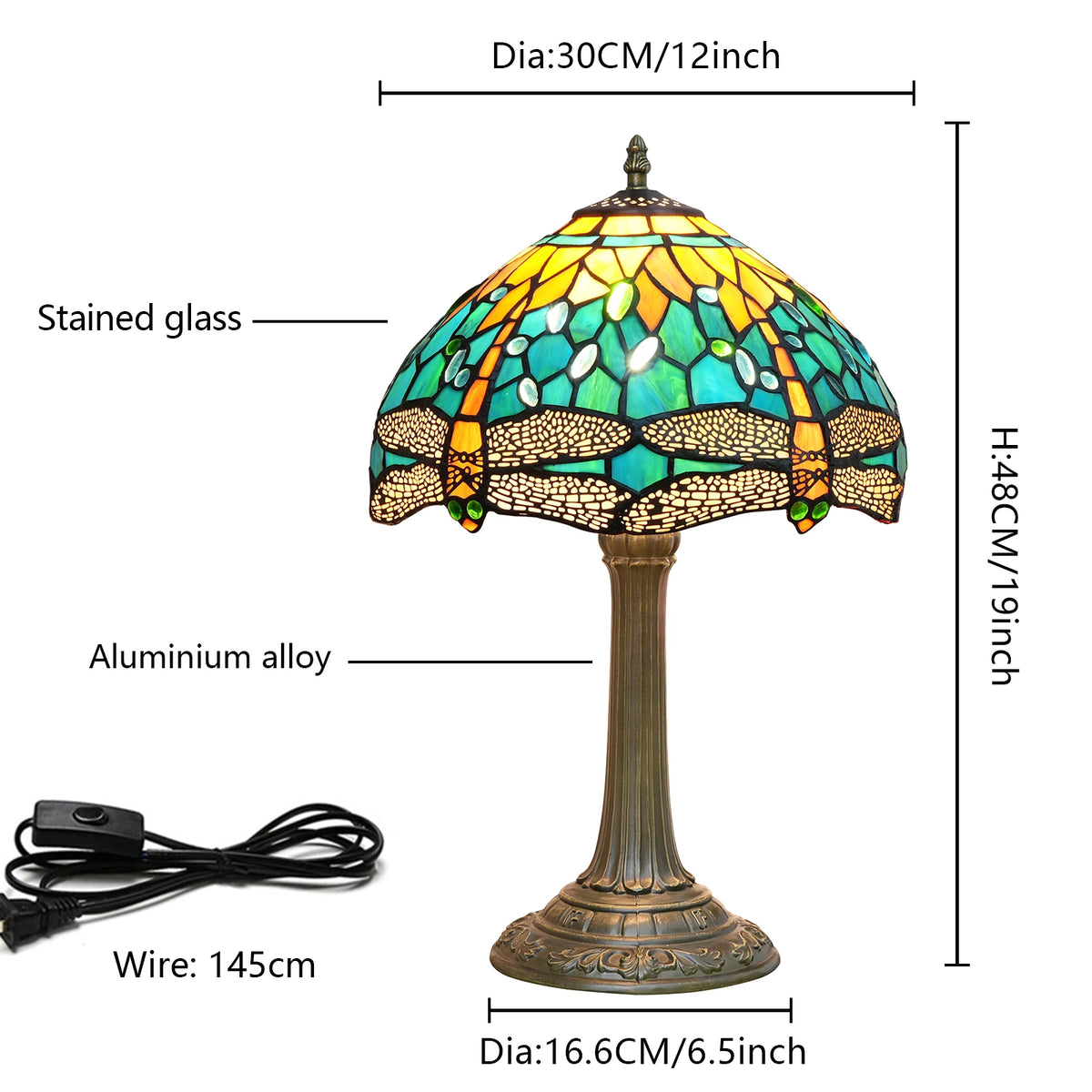 lampe table tiffany libellules vert bleu jaune tissage verre dépoli interrupteur alliage opacité 48cm