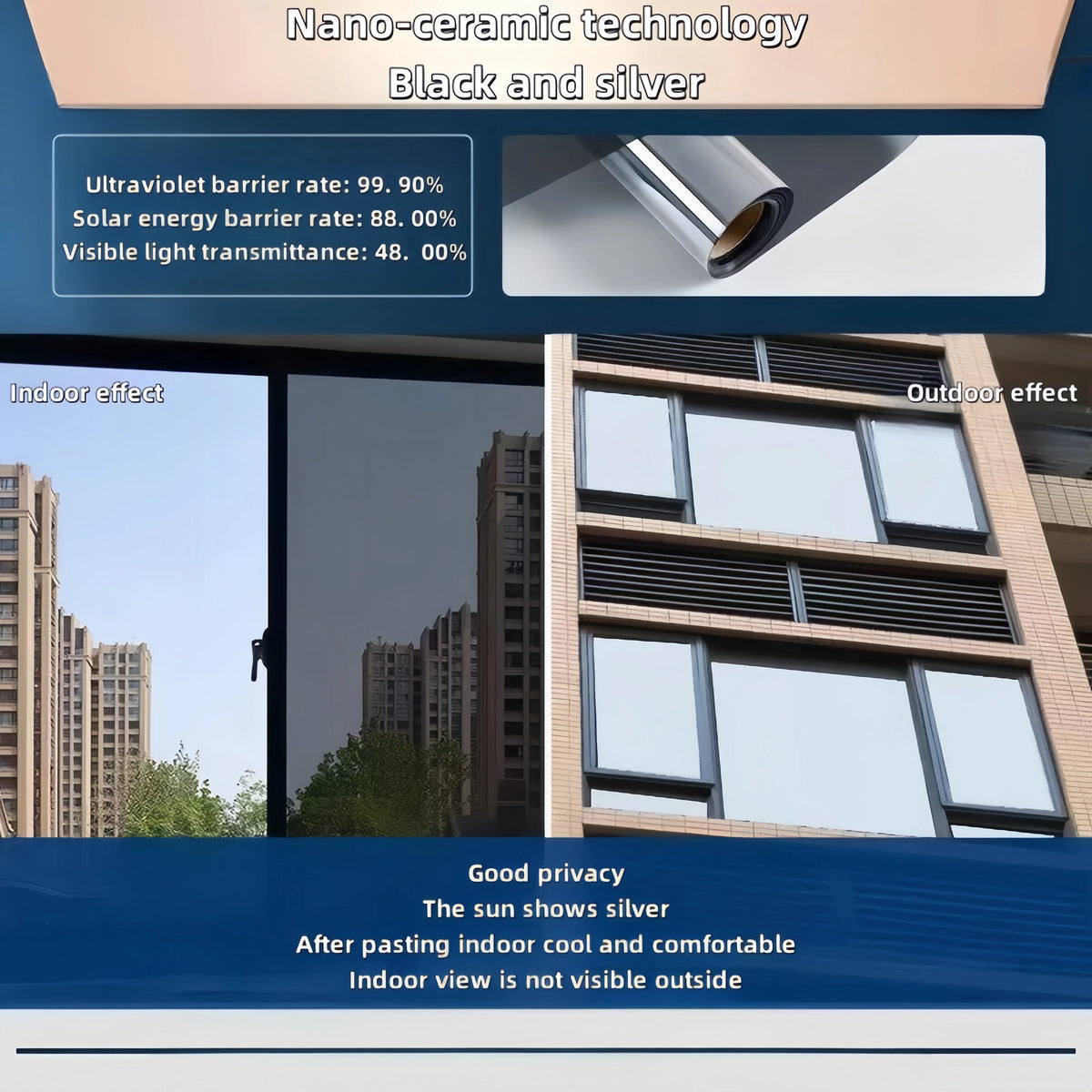 film solaire miroir adhésif fenêtre opacité protection uv isolation thermique décoratif vitrage intérieur moderne
