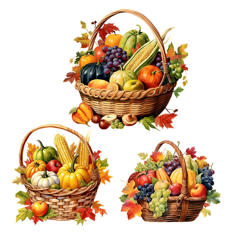 panier tressé marron clair autocollants fruits pommes raisins citrouilles maïs feuilles automne classique maison