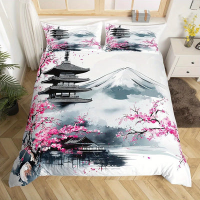 Housse de couette japonaise Montagne Fuji avec motif fleur de cerisier rose sur lit