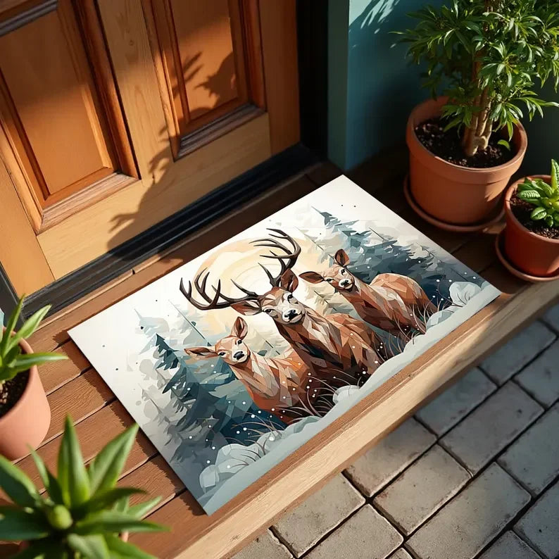 tapis d'entrée marron motif cerfs bienvenue hiver rustique 50x80cm 40x60cm