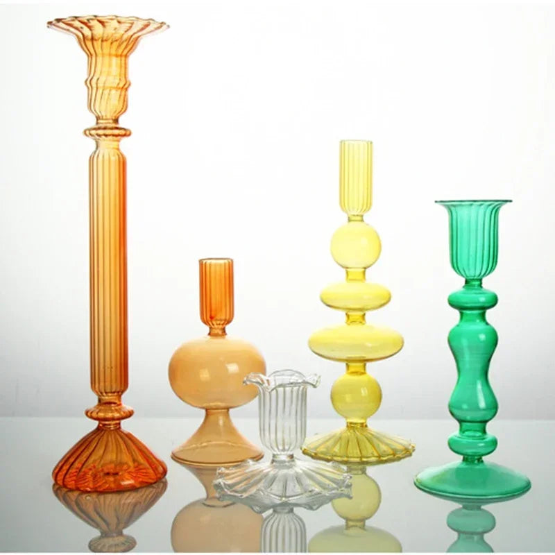 bougeoir verre moderne orange vert jaune rayures bordure ondulée transparent élégant décoration maison chandelle