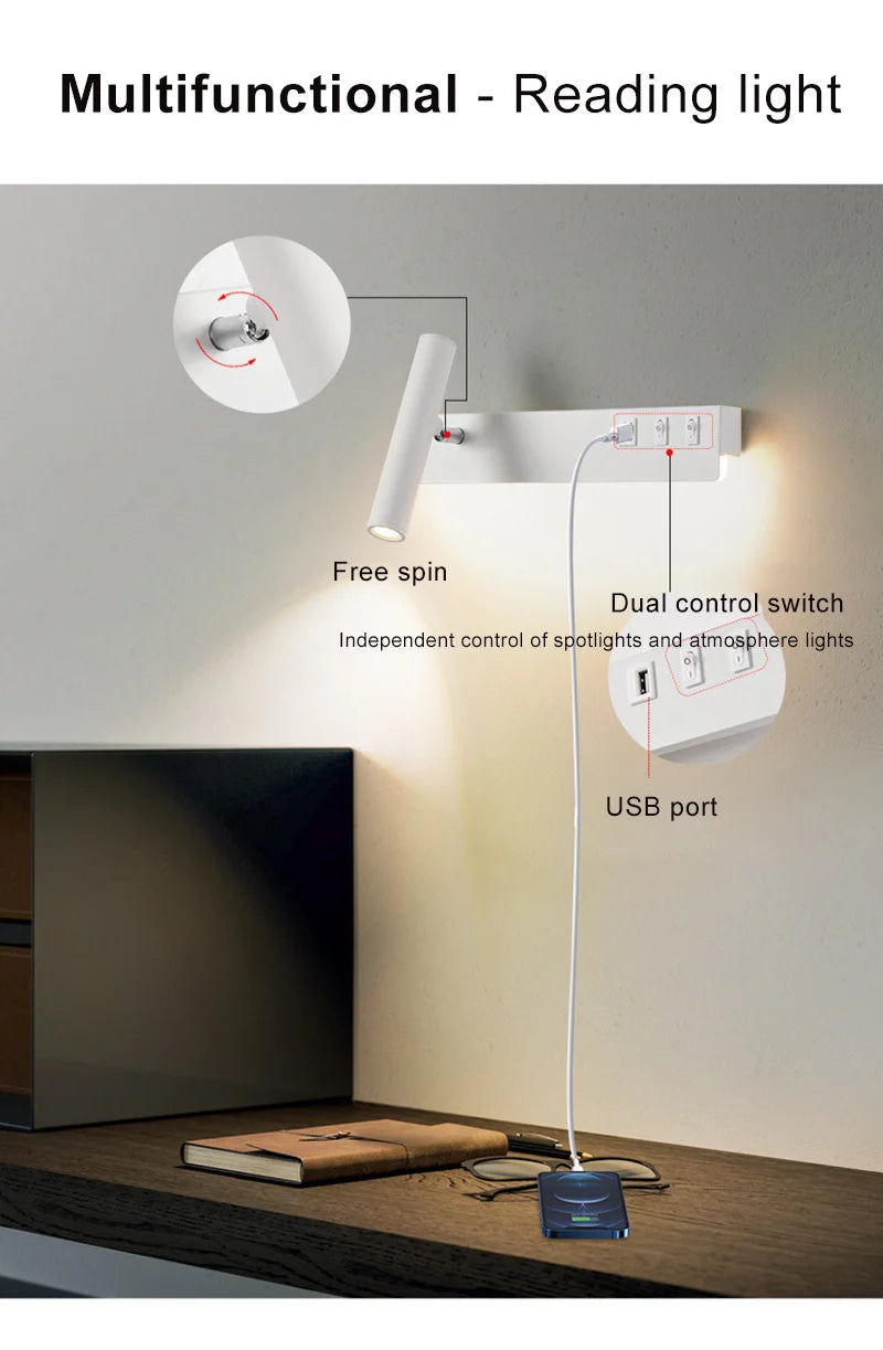 lampes murales led modernes usb rechargeable rotation 350° blanc noir