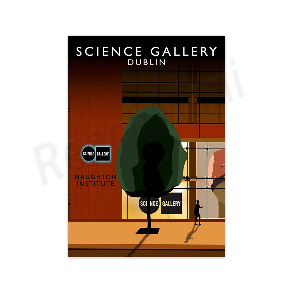 L'affiche représente la façade du Science Gallery à Dublin, avec une forme originale et des silhouettes suggérant l'activité et l'exploration scientifique.