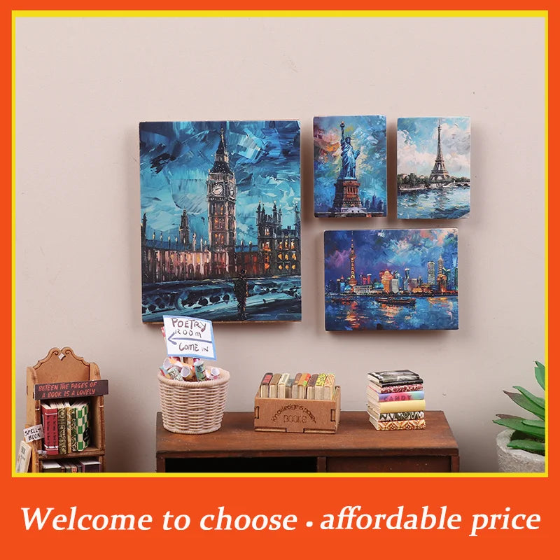 tableaux impressionnistes miniature peinture bleu blanc rouge paysages urbains cadres accessoires maison poupée