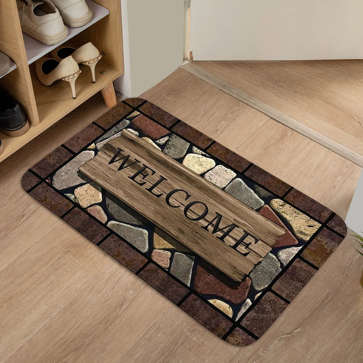 tapis sol marron imitation pierre bois bienvenue antidérapant rustique chaleureux