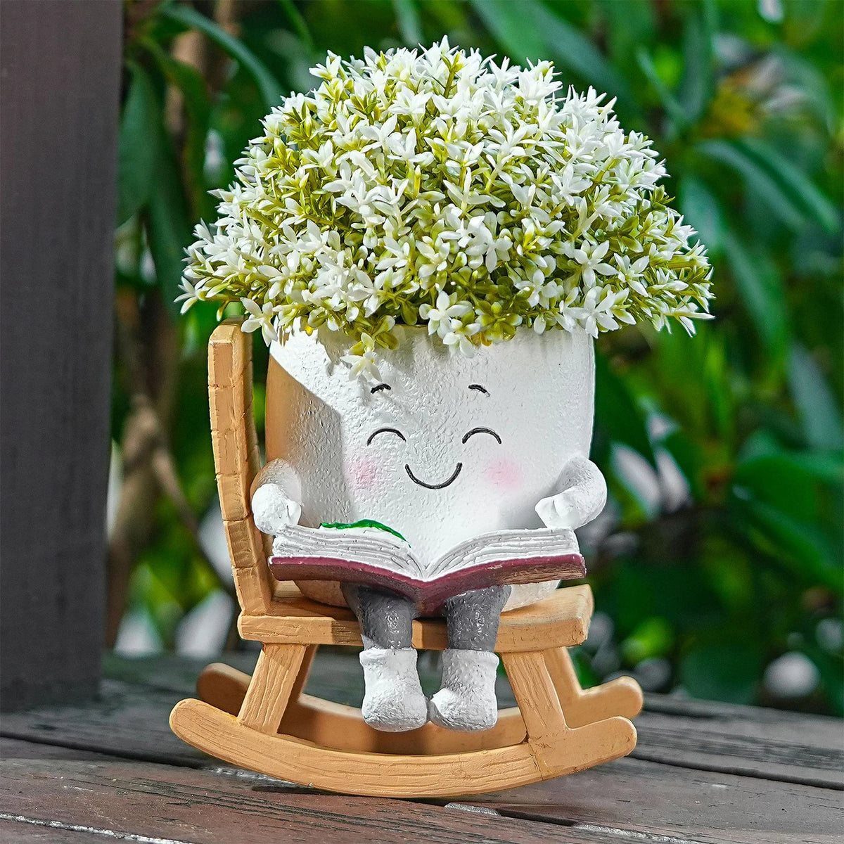 cache pot résine blanc souriant plante artificielle chaise bascule livre miniature décoratifextérieur