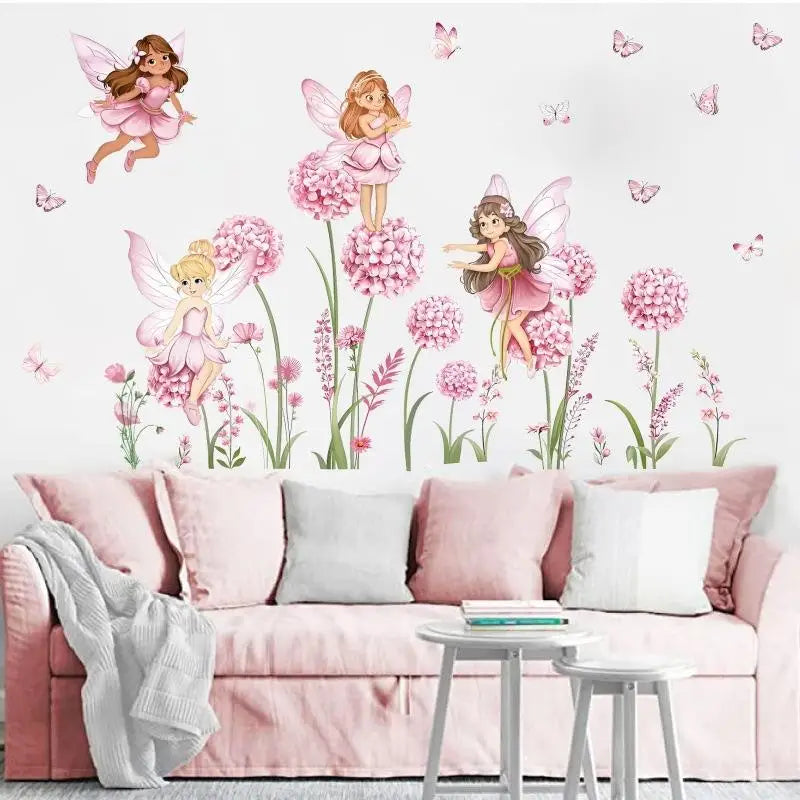 stickers muraux dessin animé rose blanc fleurs papillons fées chambre enfant décoration maison adhésifs