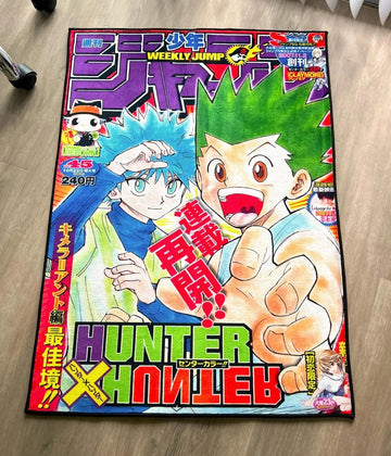 tapis dessin animé personnages couleur bleu vert blanc rouge illustration weekly jump chambre salon