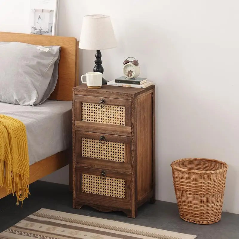 commode rustique tiroirs bois marron clair osier vintage organisation maison multipurpose