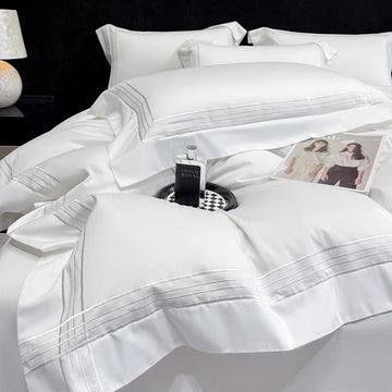 ensemble literie blanc brodé rayures gris classique pièces king queen