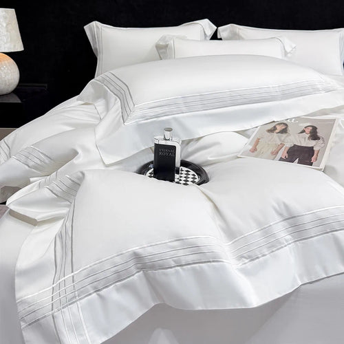 ensemble literie blanc brodé rayures gris classique pièces king queen