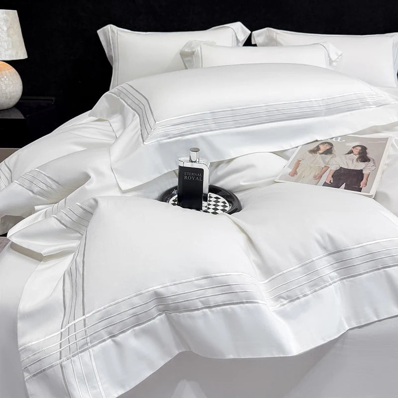 ensemble literie blanc brodé rayures gris classique pièces king queen