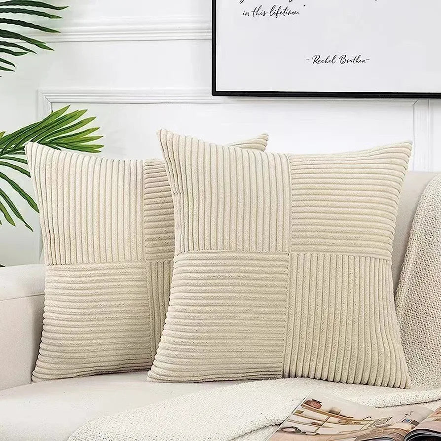 housse coussin polyester rayé moderne beige zip blanc salon decoration