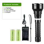 lampe torche noire led rechargeable 500m lumiere intense resistant chocs auto defense camping plongee