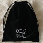 sac rangement noir velours sèche cheveux brodé cordon serrage utilitaire multi usage compression 26x30cm